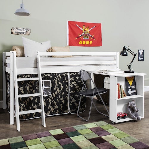 Army-themed midsleeper cabin bed with ladders and desk