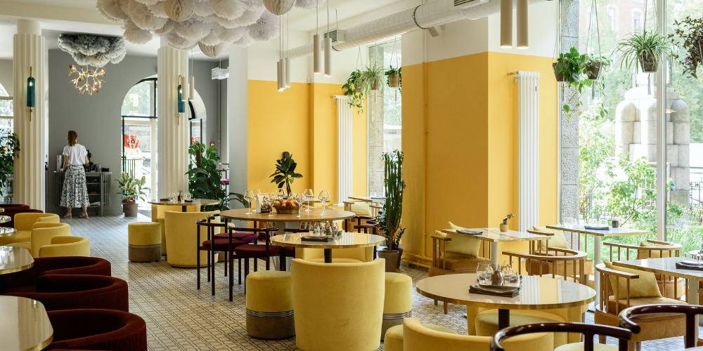 Yellow and grey dining room