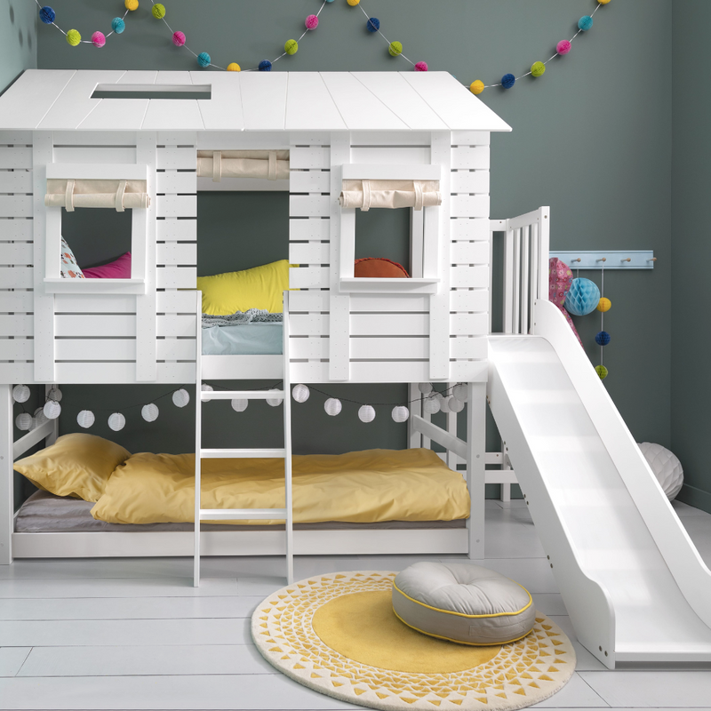 Christopher Treehouse Midsleeper Bed with Slide and Hans Roll-up Windows in Classic White