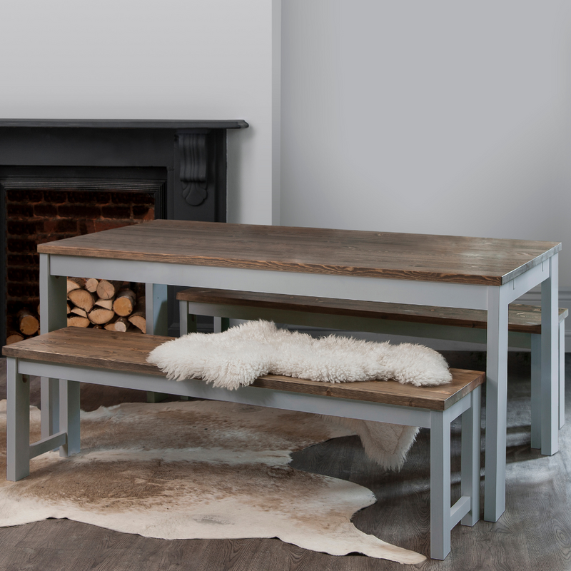 Hever Dining Table with 2 Benches in Grey and Dark Pine