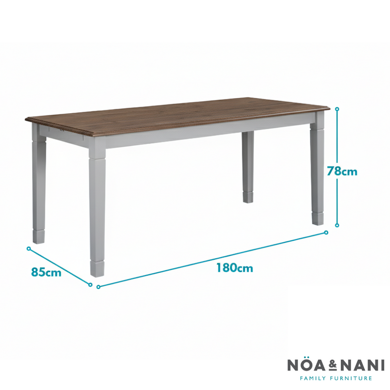 Dining table with dimensions labeled on a white background, featuring the brand 'Noa & Nani'.