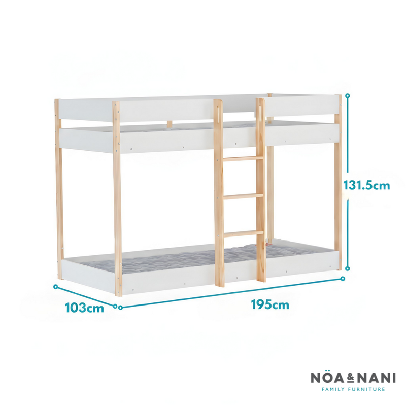 White and wooden loft bed with dimensions on a white background, featuring the Näsa & Nani brand.