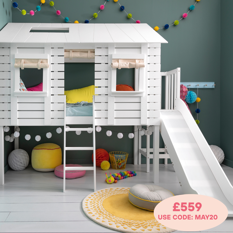 Christopher Treehouse Midsleeper Bed with Slide and Hans Roll-up Windows in Classic White