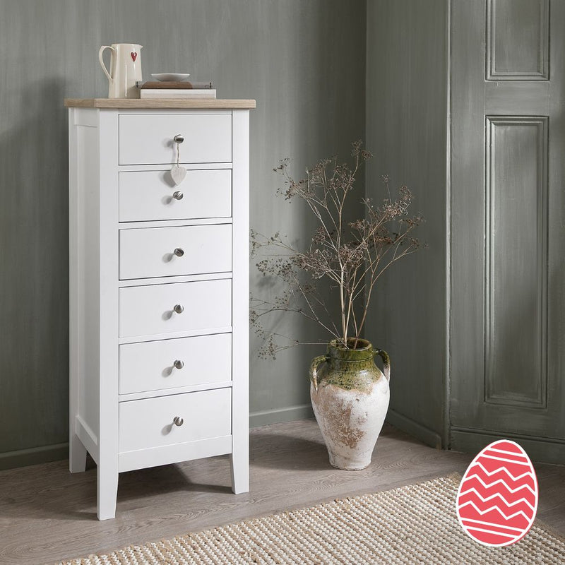 Leines 6 Drawer Tall Chest of Drawers in White & Oak