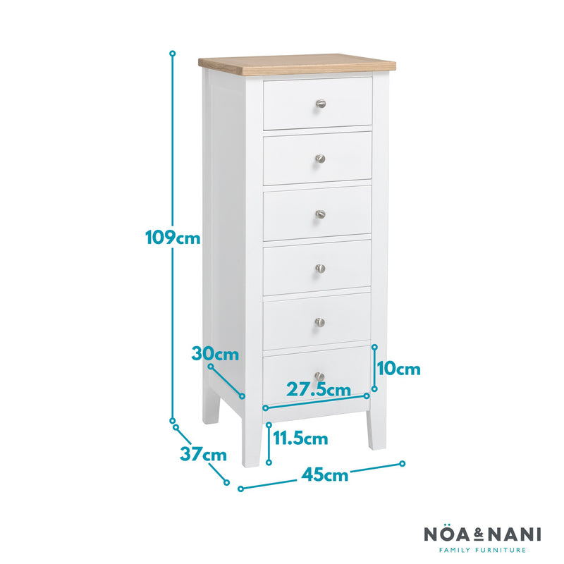Leines 6 Drawer Tall Chest of Drawers in White & Oak