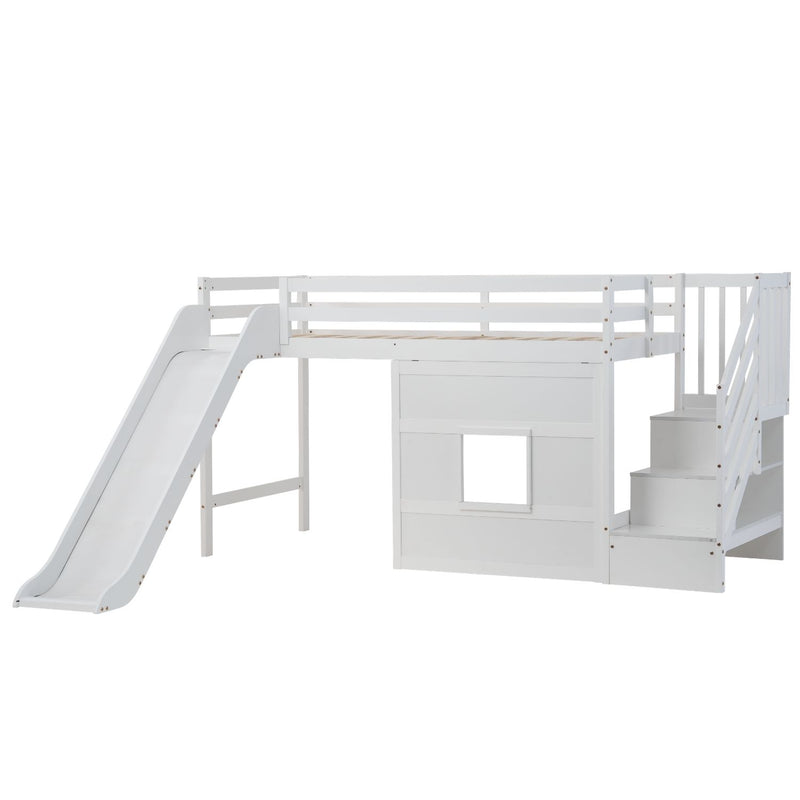 Kasja Staircase Midsleeper Cabin Bed with Window & Slide in Classic White