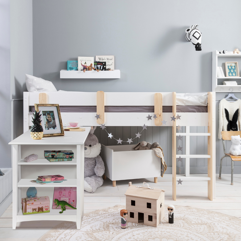 Una Midsleeper Cabin Bed with Moro Desk in Classic White