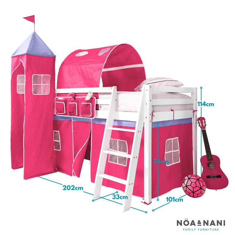 Moro Cabin Bed Midsleeper with Cotton Pink Tent, Tower & Tunnel in Classic White