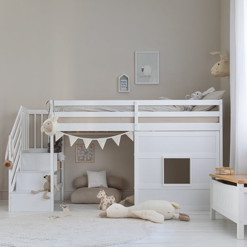 Kasja Staircase Midsleeper Cabin Bed with Window in Classic White