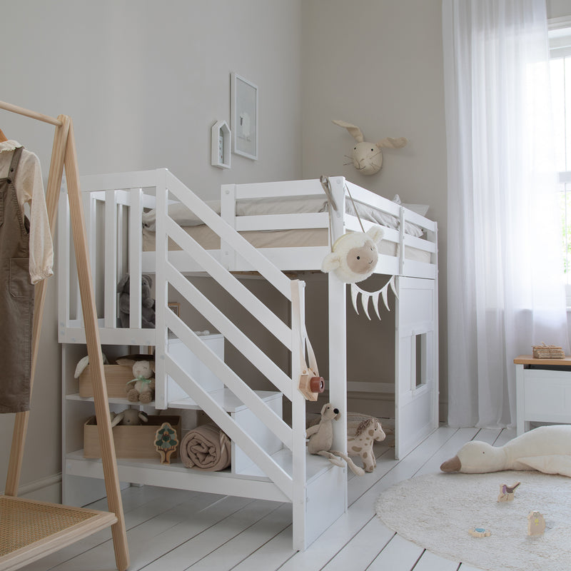 Kasja Staircase Midsleeper Cabin Bed with Window in Classic White