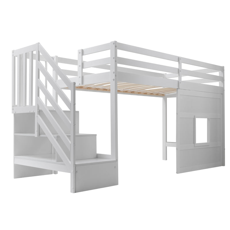 Kasja Staircase Midsleeper Cabin Bed with Window in Classic White