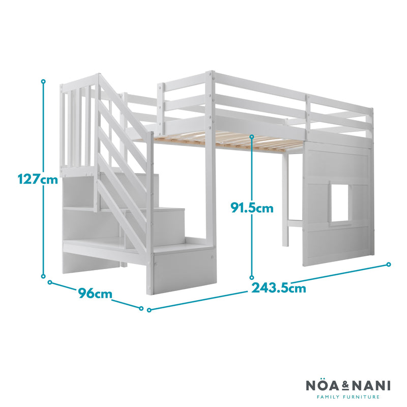 Kasja Staircase Midsleeper Cabin Bed with Window in Classic White