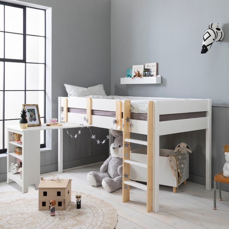 Una Midsleeper Cabin Bed with Moro Desk in Classic White
