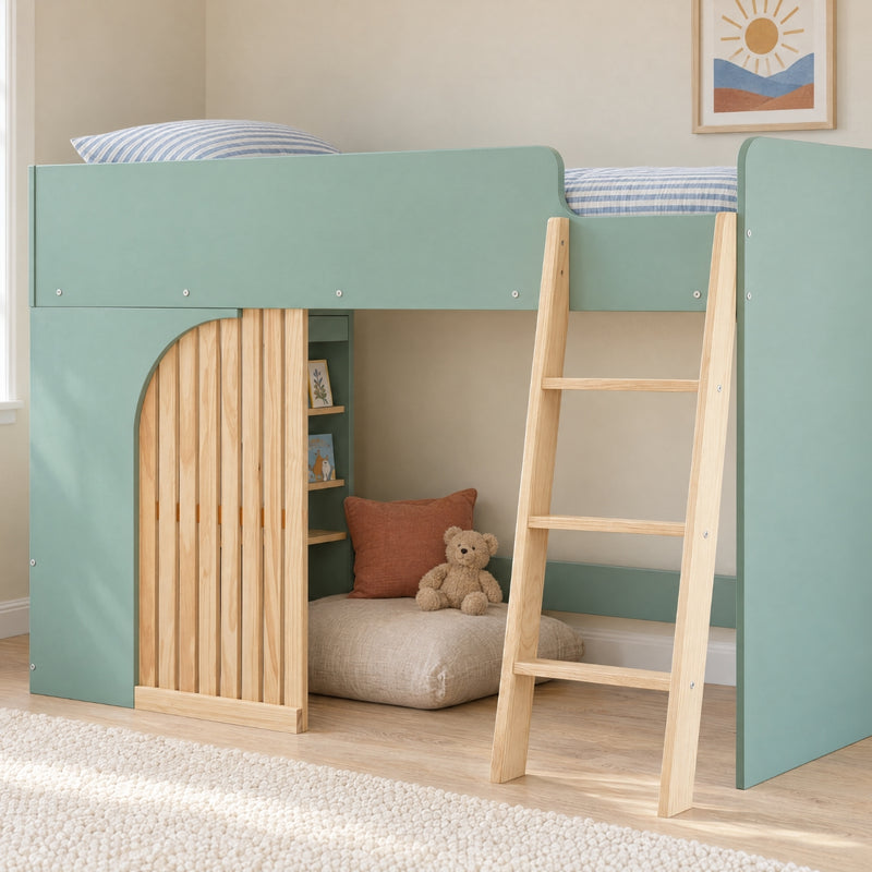 Lumi Midsleeper Cabin Bed with Built in Storage in Sage Green & Natural Pine