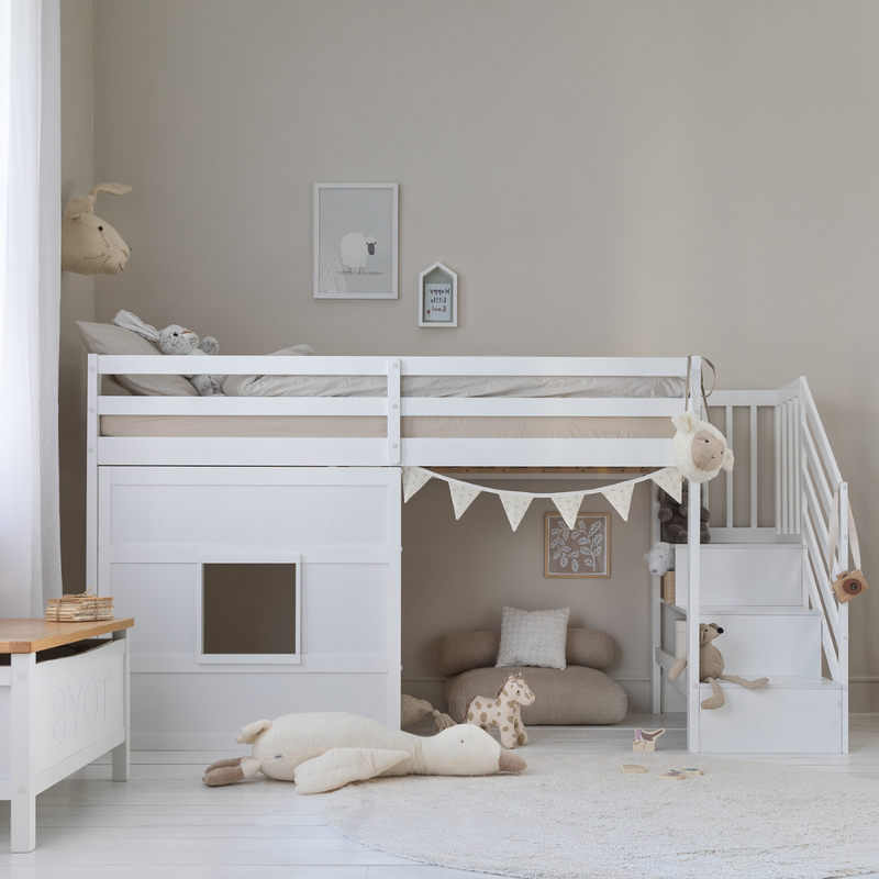 Kasja Staircase Midsleeper Cabin Bed with Window in Classic White