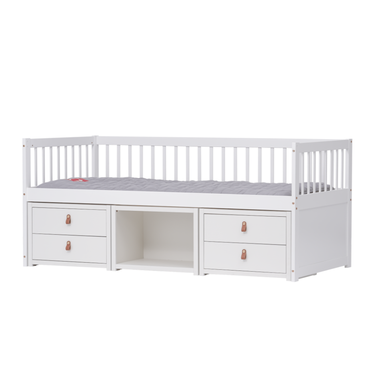 White bed with storage drawers on a white background