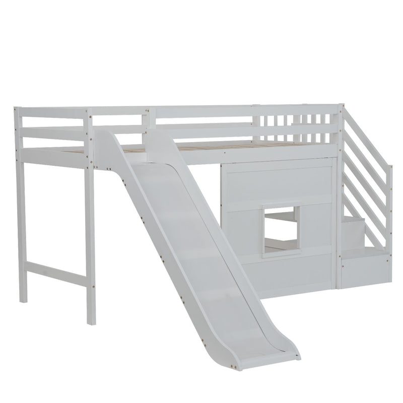 Kasja Staircase Midsleeper Cabin Bed with Window & Slide in Classic White