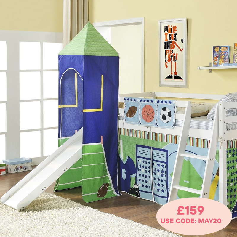 Cabin Bed Midsleeper with Slide and Sports Tent & Tower in White