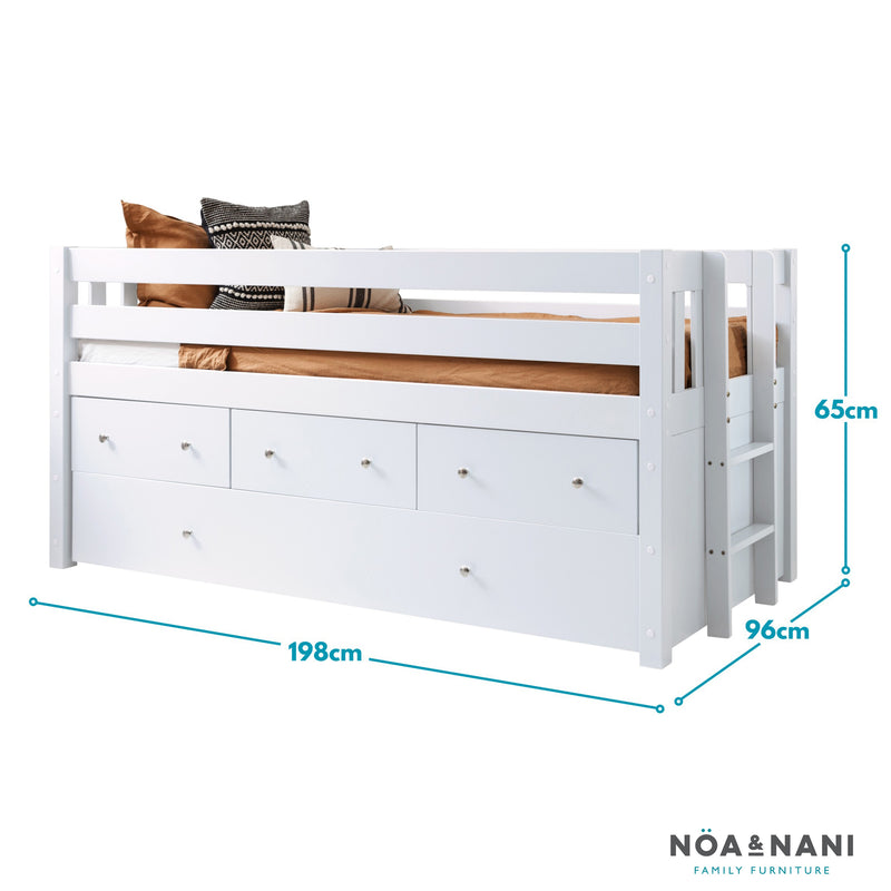 Matilda Midsleeper Cabin Bed with Underbed Storage Drawers in Classic White
