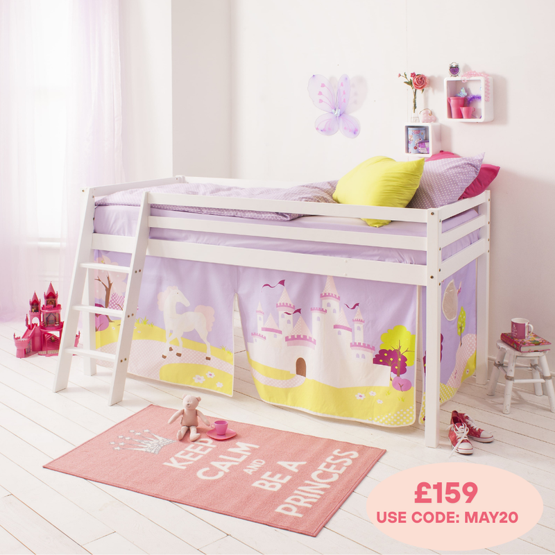 Moro Cabin Bed with Ladder and Tent in Princess Fairytale Design in White