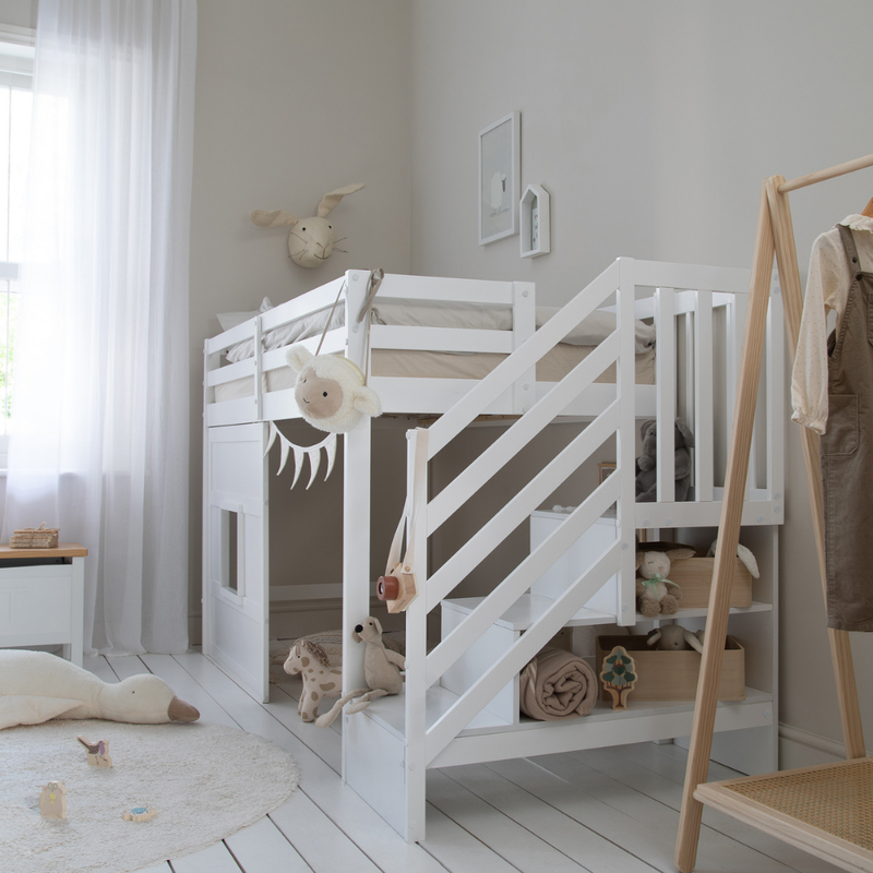 Kasja Staircase Midsleeper Cabin Bed with Window in Classic White