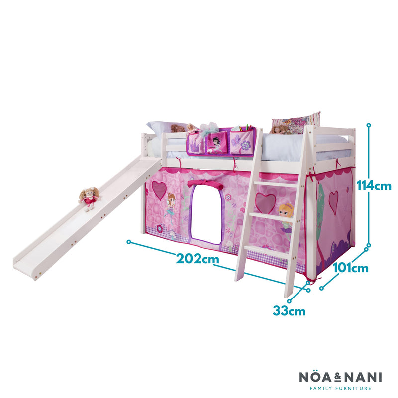 Moro Cabin Bed Midsleeper with Slide and Fairies Tent in Classic White