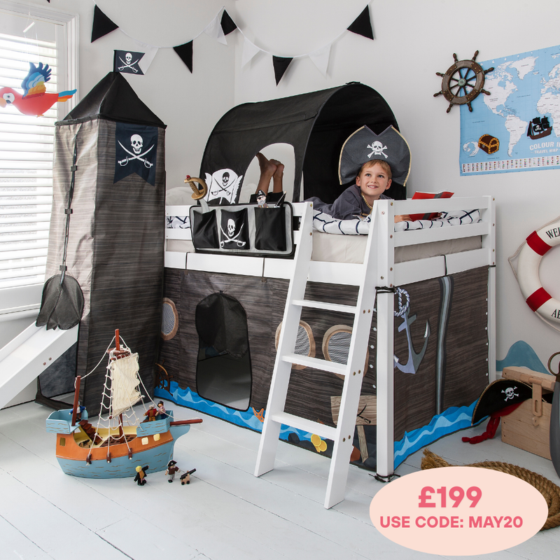 Moro Cabin Bed Midsleeper with Slide & Pirate Hideaway Package in Classic White