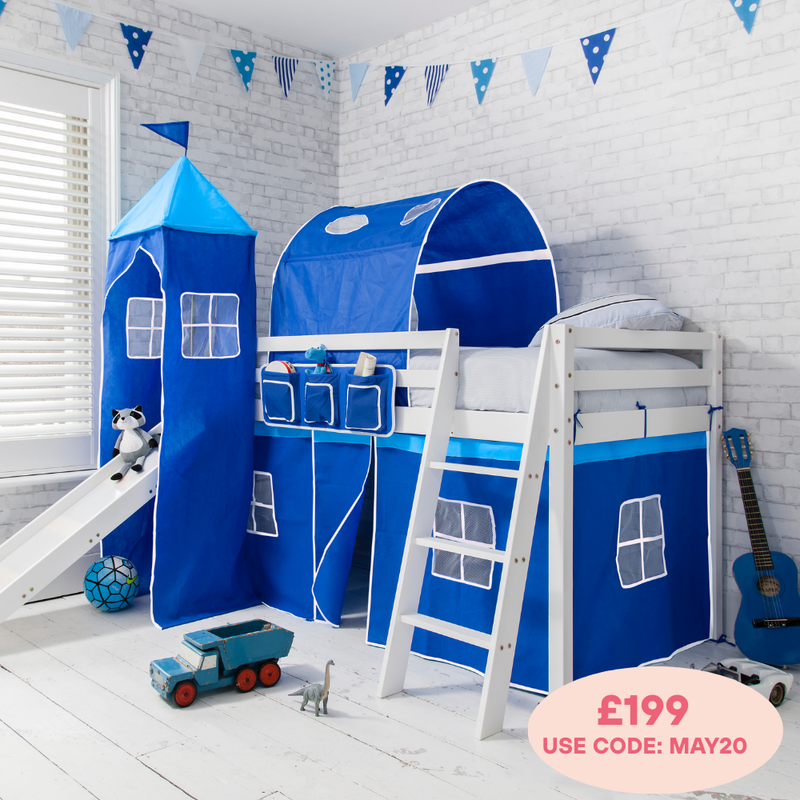 Moro Cabin Bed with Slide and Brilliant Blue Cotton Tent, Tower & Tunnel in White