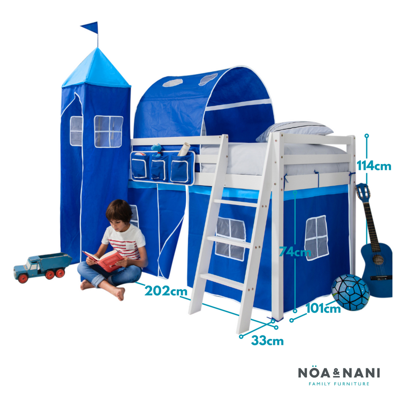 Moro Cabin Bed with Ladder and Brilliant Blue Cotton Tent, Tower & Tunnel in White