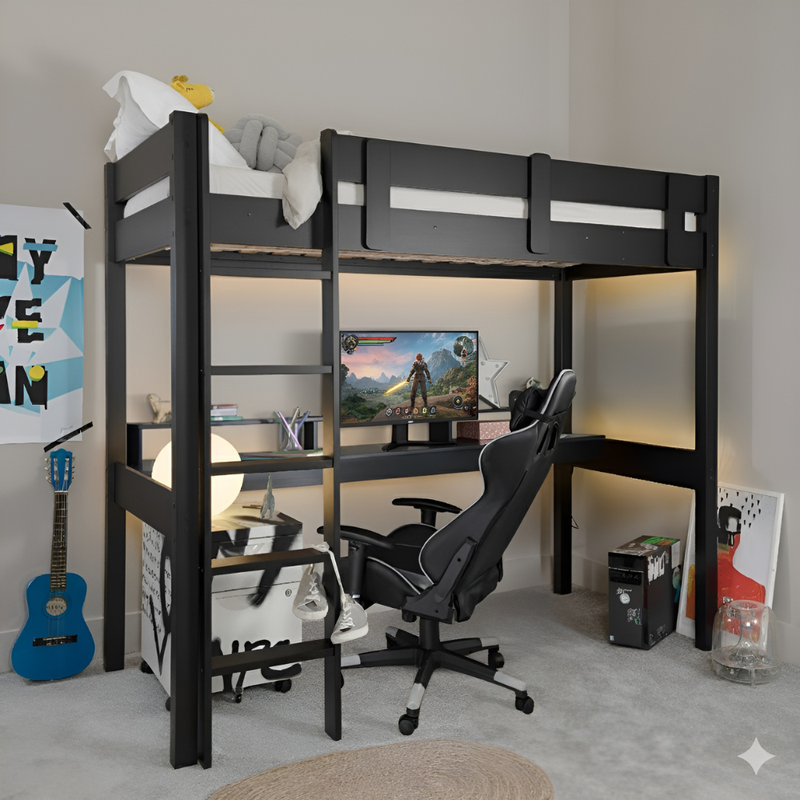 Vortex Gaming Station High Sleeper Kids Cabin Bed with Desk in Black