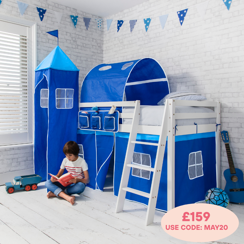 Moro Cabin Bed with Ladder and Brilliant Blue Cotton Tent, Tower & Tunnel in White