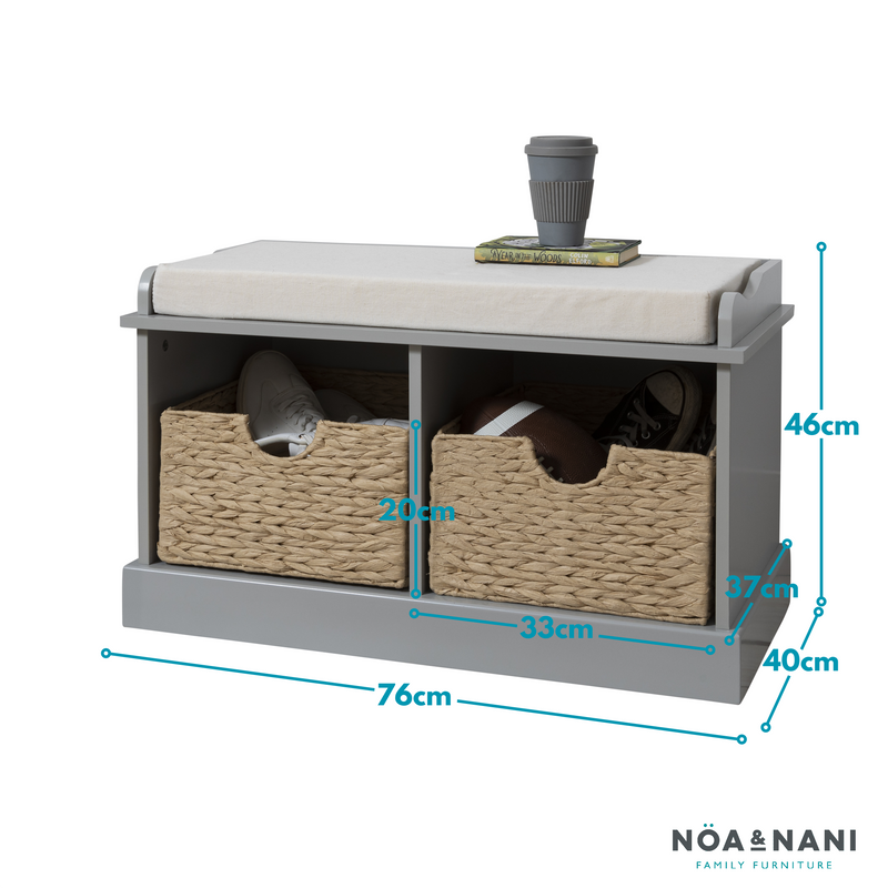 Stockholm Storage Bench with 2 Brown Baskets in Silk Grey