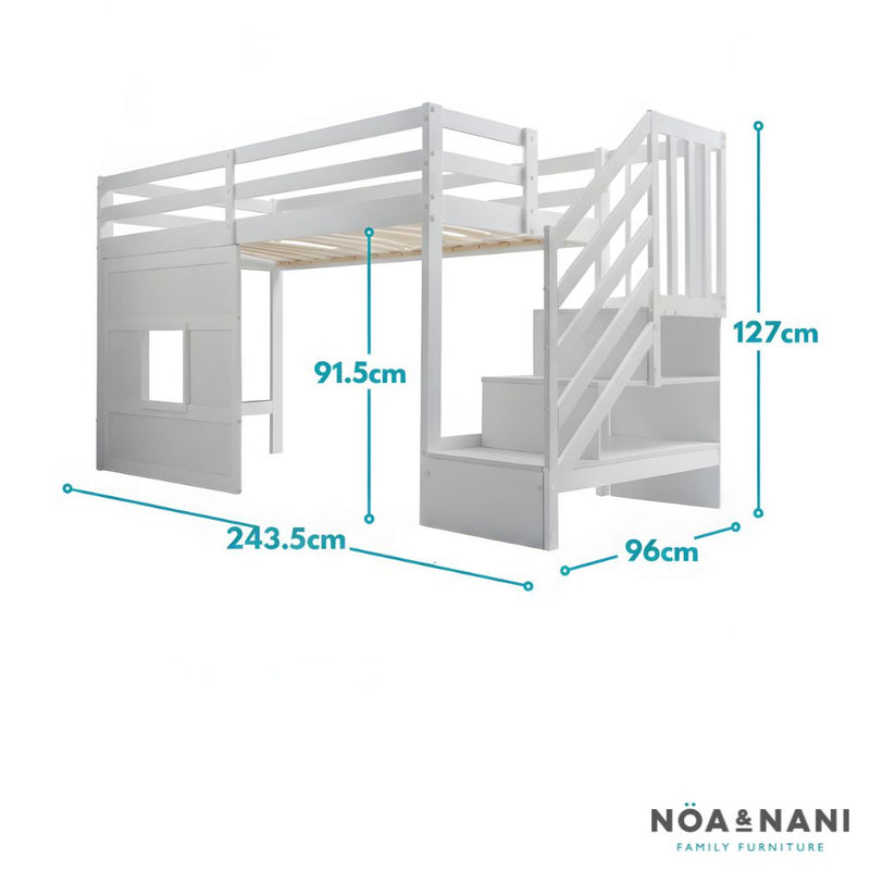Kasja Staircase Midsleeper Cabin Bed with Window in Classic White