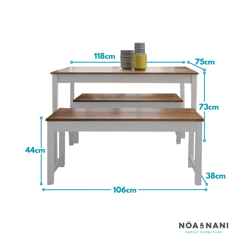 Annika Dining Table with 2 Benches Dining Set in Natural Pine & White