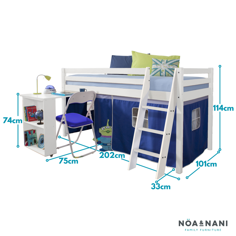 Moro Cabin Bed Midsleeper with Pullout Desk & Brilliant Blue Tent in Classic White