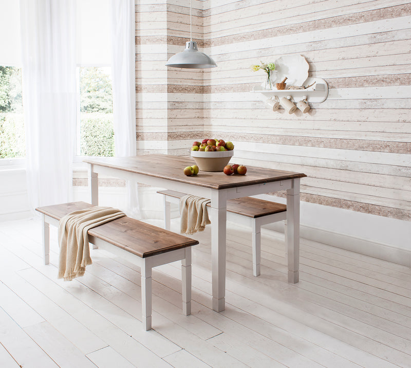 Canterbury 180cm Dining Table, 2 Benches & 2 Extensions in White & Dark Pine