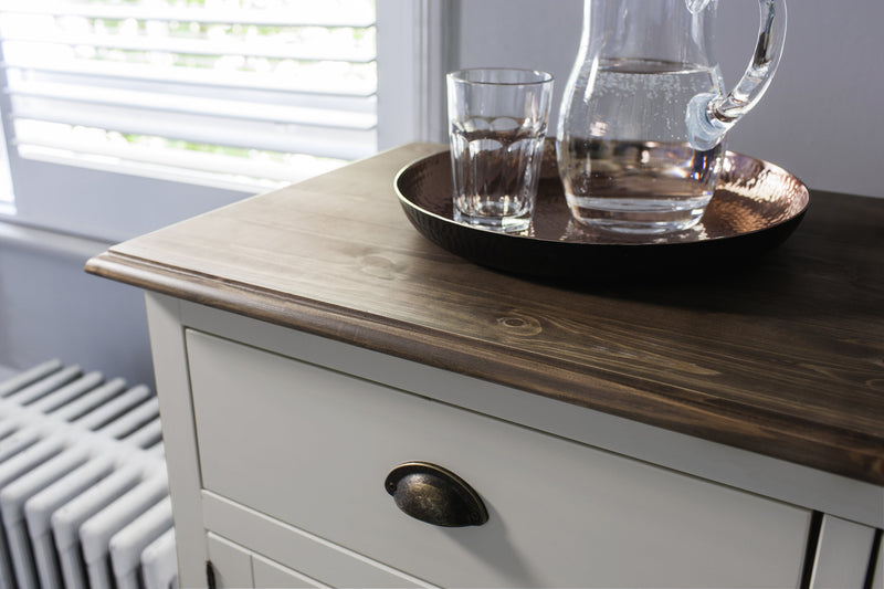 Canterbury Sideboard Cupboard 2 Drawer Cabinet Finished in Silk Grey and Dark Pine