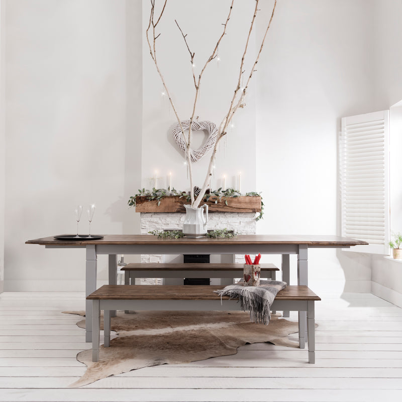 Canterbury 180cm Dining Table with 2 Benches & 2 Extensions in Silk Grey and Dark Pine
