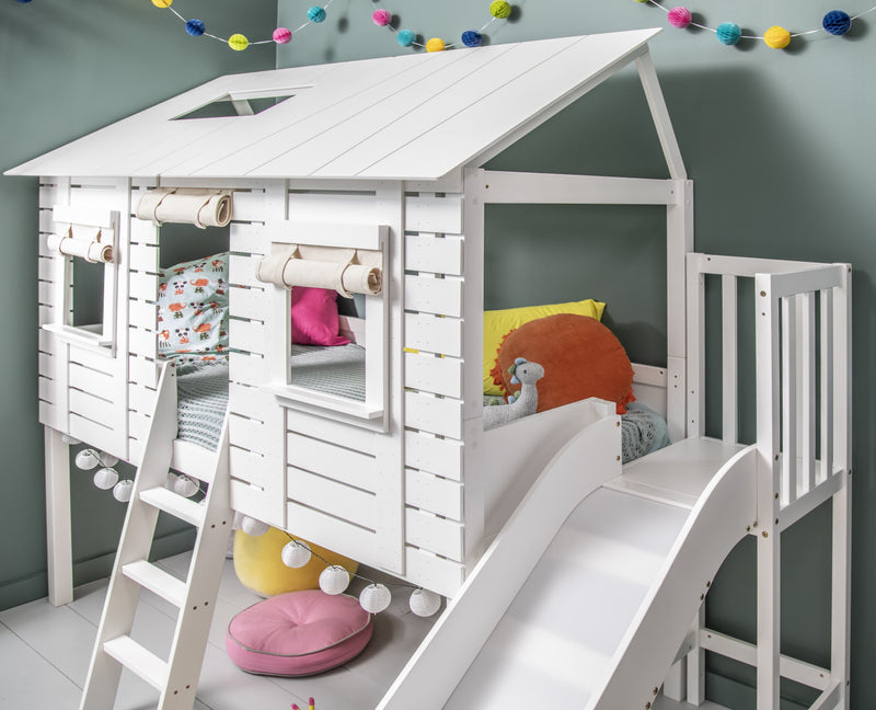 Christopher Treehouse Midsleeper Bed with Slide and Hans Roll-up Windows in Classic White