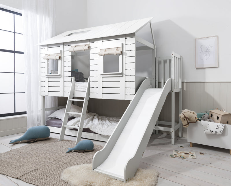 Christopher Treehouse Midsleeper Bed with Slide and Hans Roll-up Windows in Classic White
