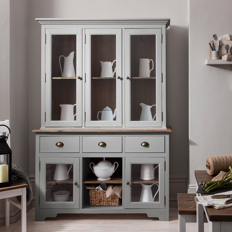 Canterbury Sideboard with Solid Doors and Dresser Top with Glass Doors in Grey and Dark Pine