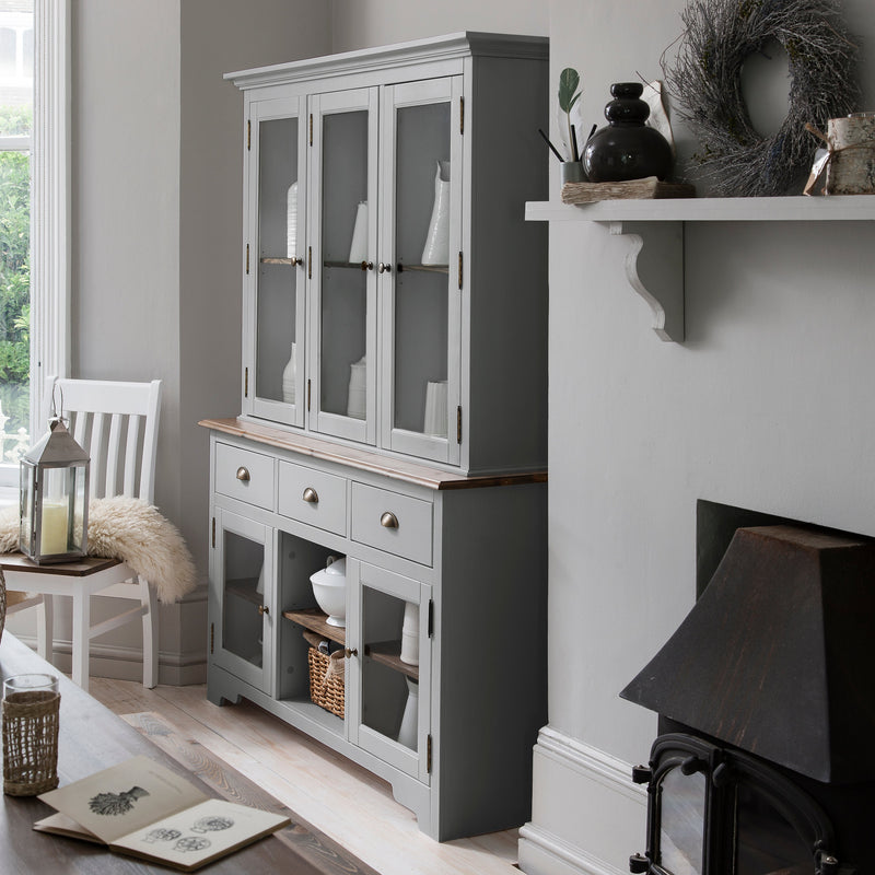 Canterbury Sideboard with Solid Doors and Dresser Top with Glass Doors in Grey and Dark Pine