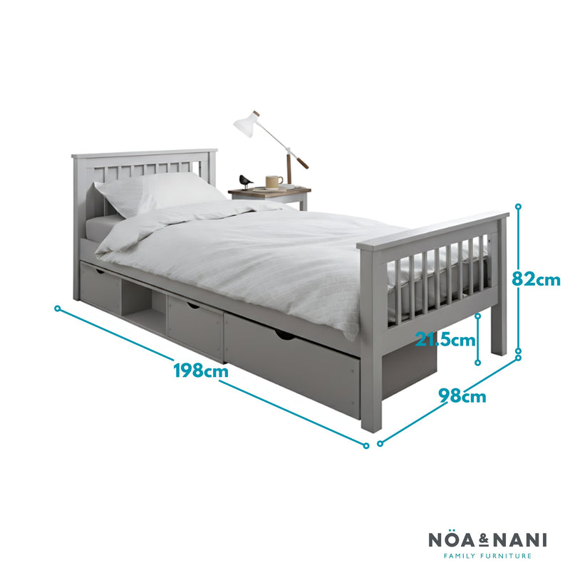 Hampshire Single Bed Frame with Oda Drawers in Grey