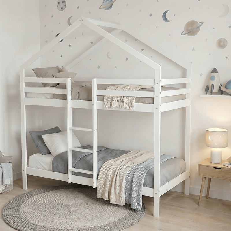 White children's house bed in a room with space-themed wallpaper and wooden nightstand.