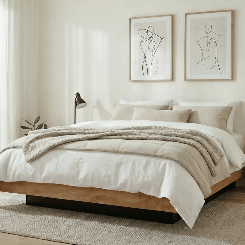 Modern bedroom with a bed, nightstands, and wall art.