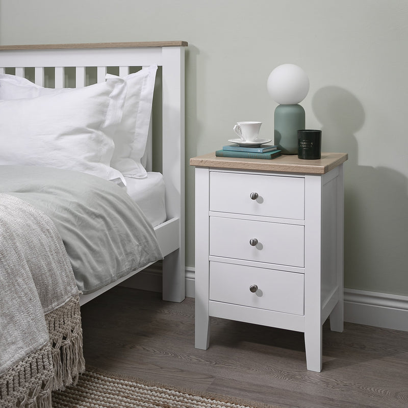 Leines 3 Drawer Bedside Chest in Classic White & Oak