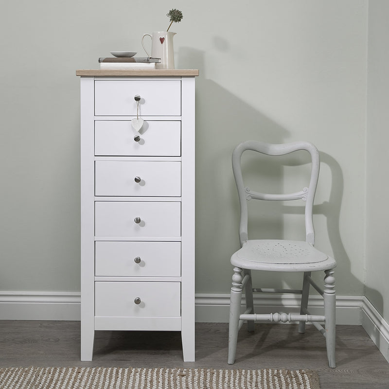 Leines 6 Drawer Tall Chest of Drawers in White & Oak