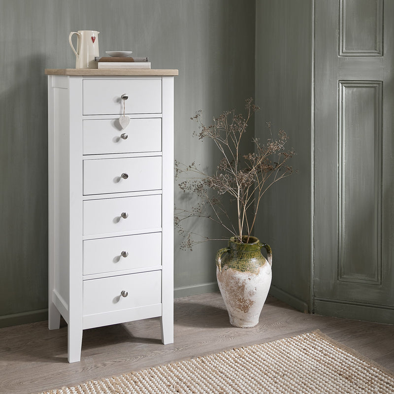 Leines 6 Drawer Tall Chest of Drawers in White & Oak