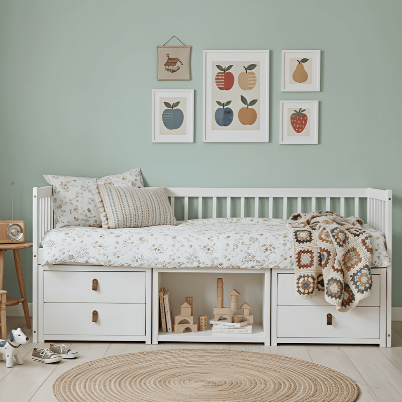 Children's room with a white day bed, wooden toys, and framed pictures on a light green wall.