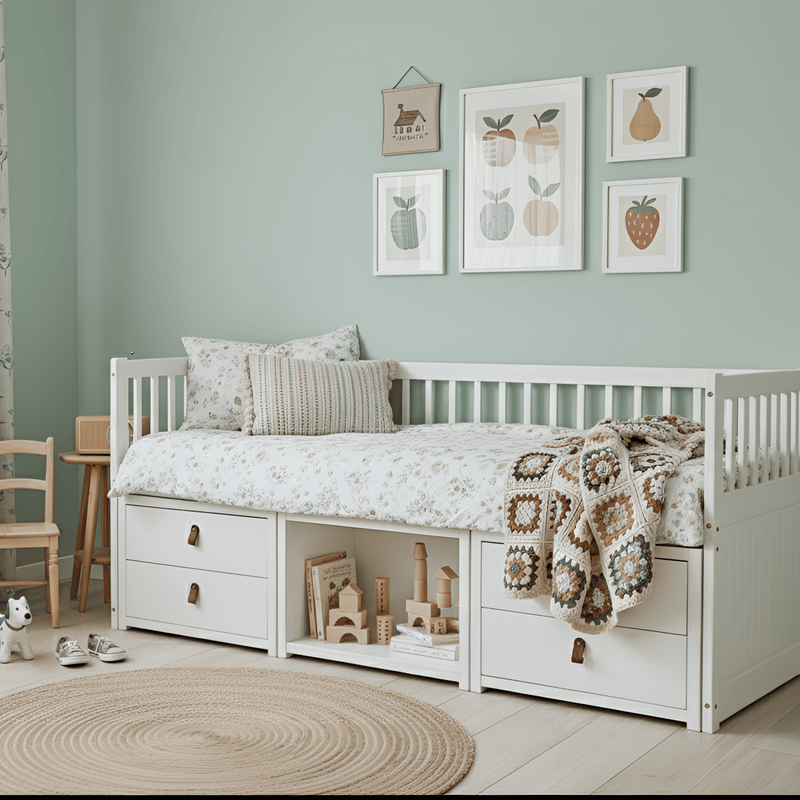 Children's room with a white bed, wooden chair, and toys against a light green wall.